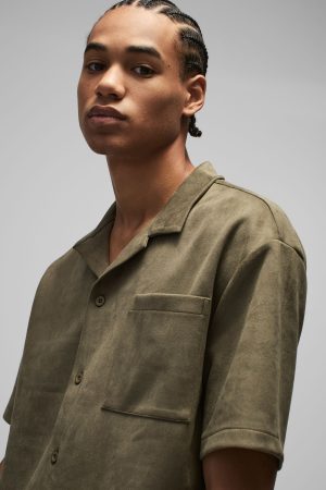 Oversized Faux Suede Revere Neck Shirt