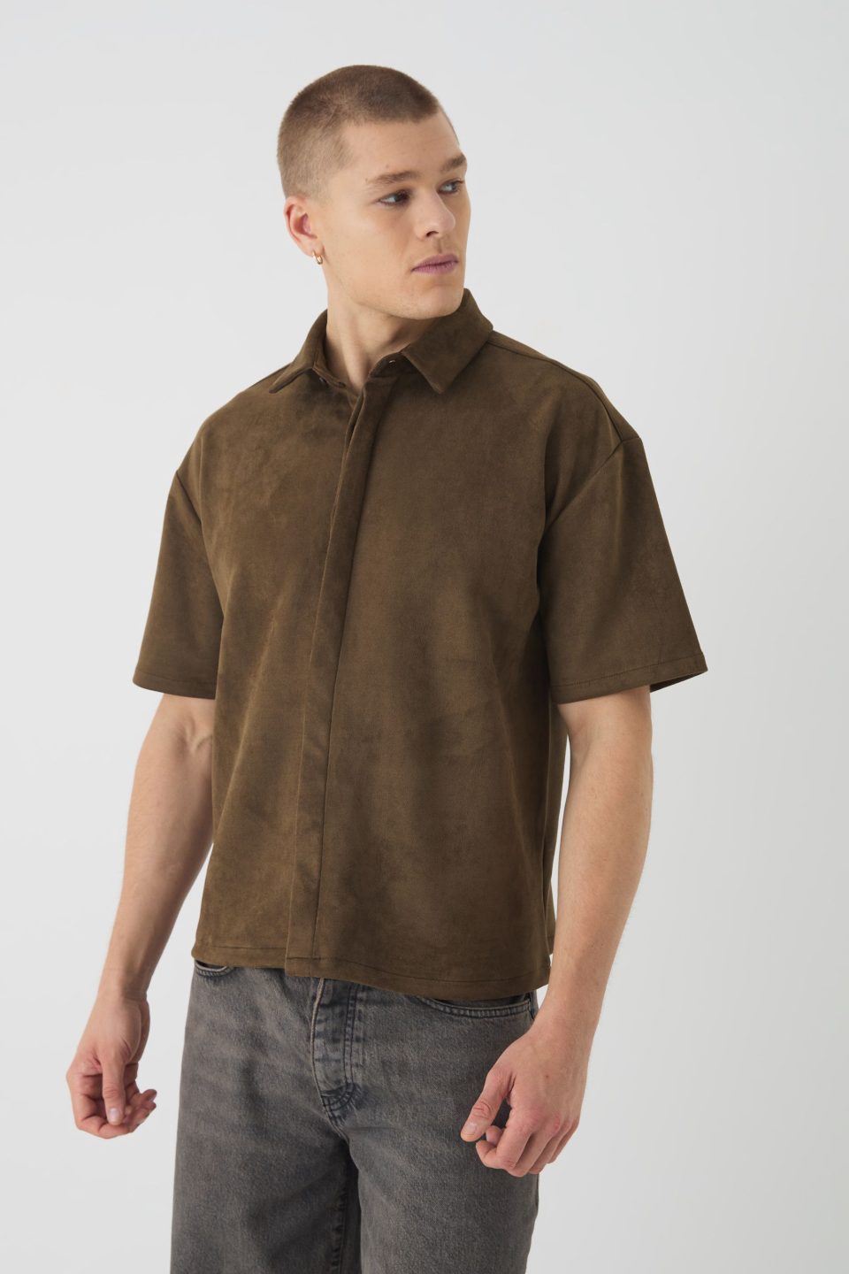 Oversized Faux Suede Collared Shirt