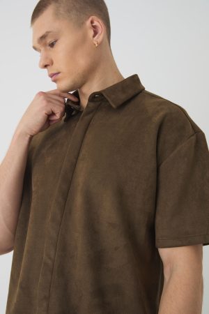 Oversized Faux Suede Collared Shirt