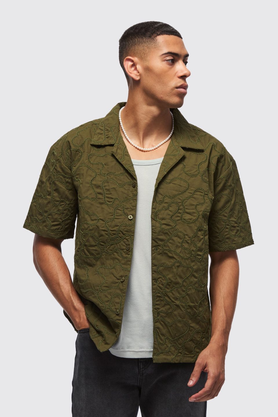 Oversized Short Sleeve Embroidered Revere Shirt
