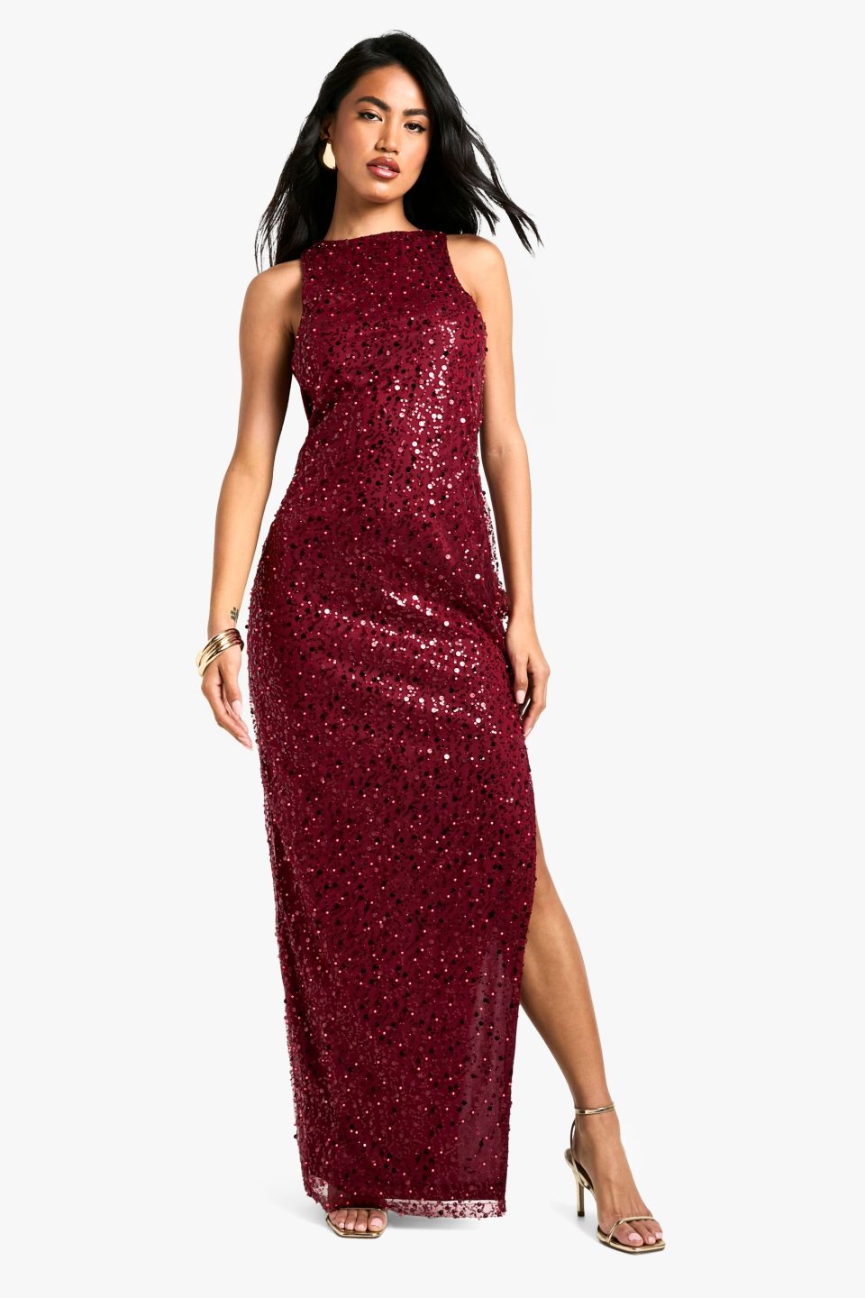 Racer Neck Sequin Maxi Dress