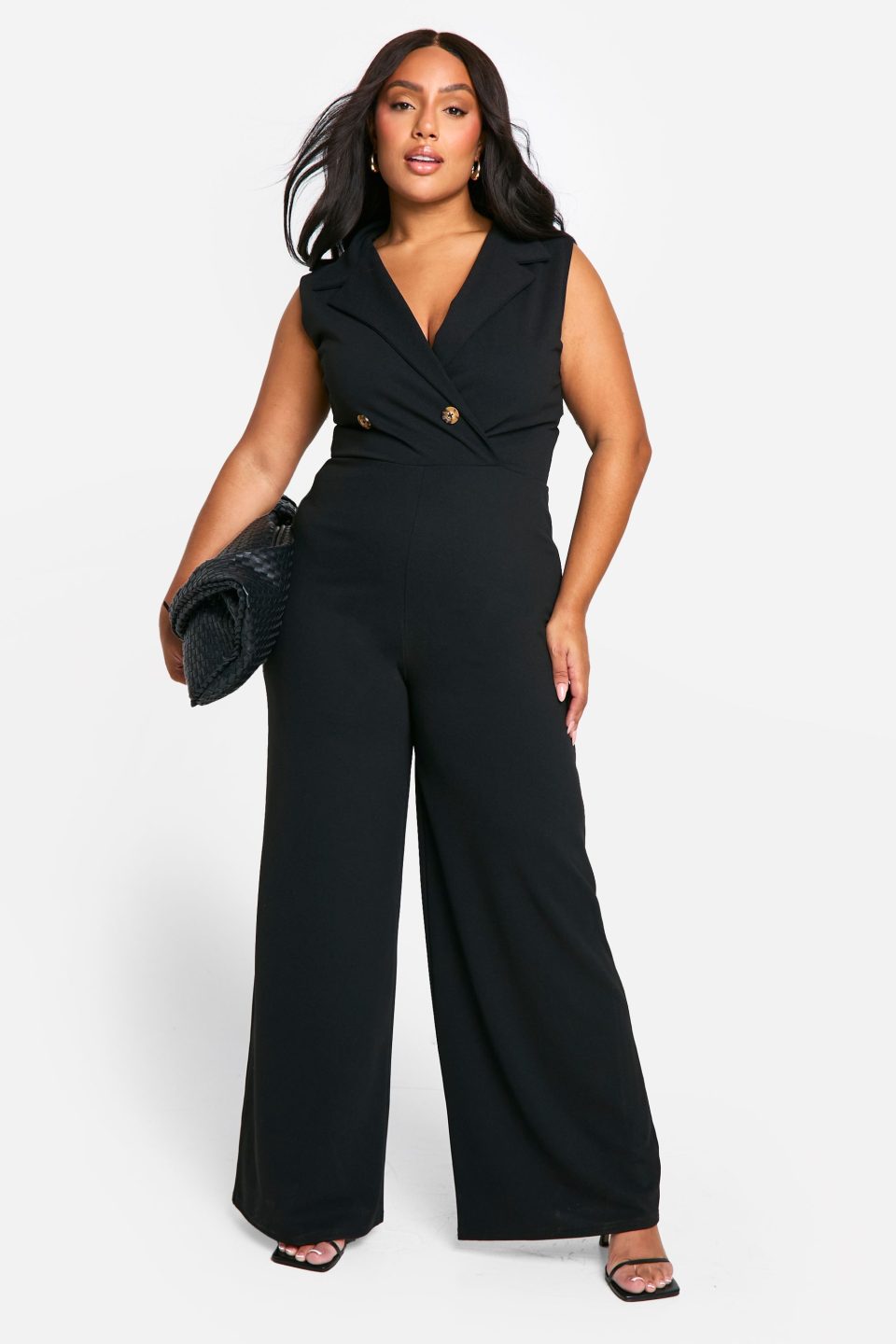 Plus Wrap Over Waist Coat Wide Leg Jumpsuit