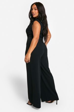 Plus Wrap Over Waist Coat Wide Leg Jumpsuit