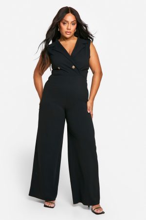 Plus Wrap Over Waist Coat Wide Leg Jumpsuit