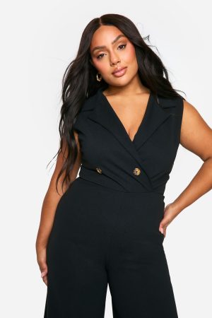 Plus Wrap Over Waist Coat Wide Leg Jumpsuit