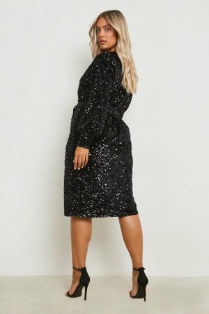 Plus Velvet Sequin Wrap Midi Dress