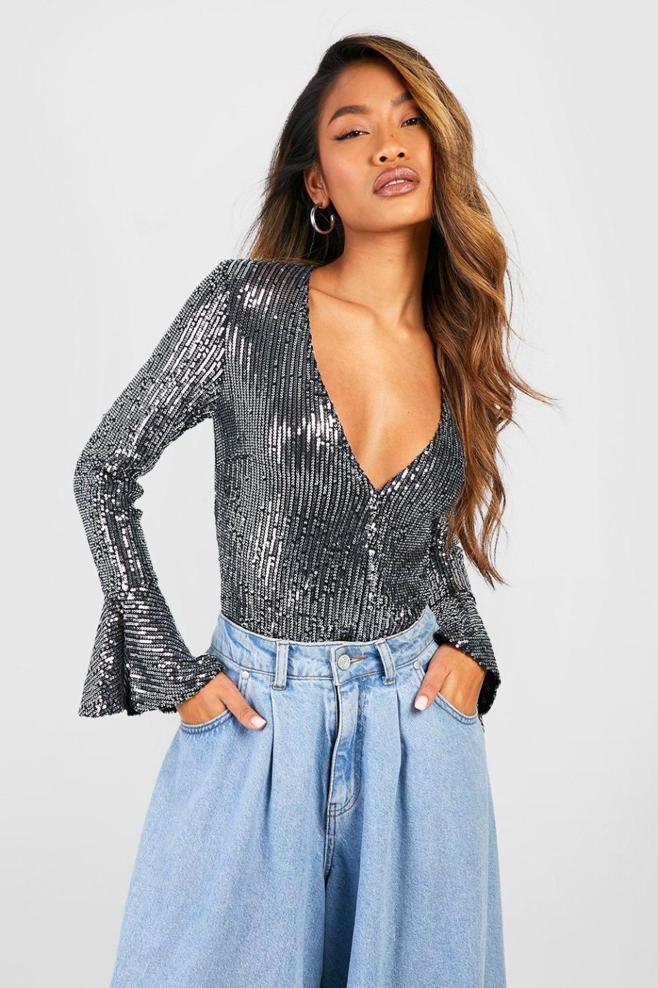 Sequin Wrap Ruffle Cuff Bodysuit