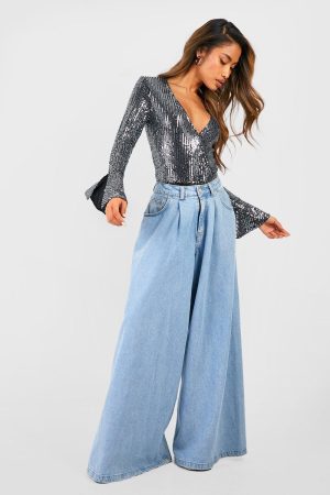 Sequin Wrap Ruffle Cuff Bodysuit