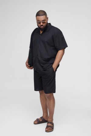 Plus Oversized Linen Deep Pocket Shirt & Short Set
