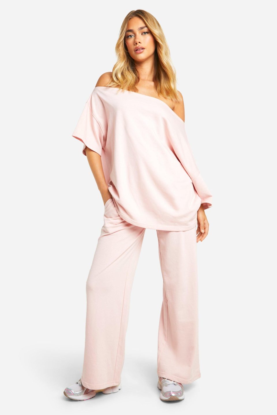 Loopback Asymmetric Bardot Short Sleeve Sweatshirt And Jogger Set