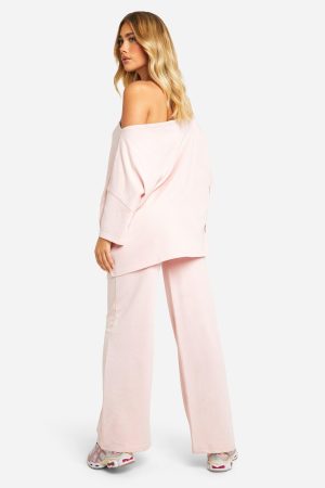 Loopback Asymmetric Bardot Short Sleeve Sweatshirt And Jogger Set