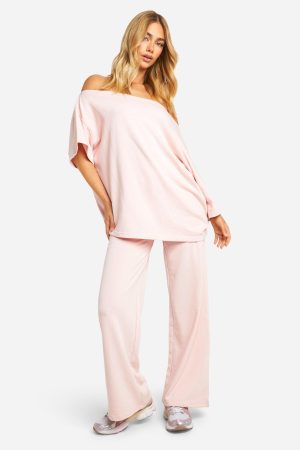 Loopback Asymmetric Bardot Short Sleeve Sweatshirt And Jogger Set