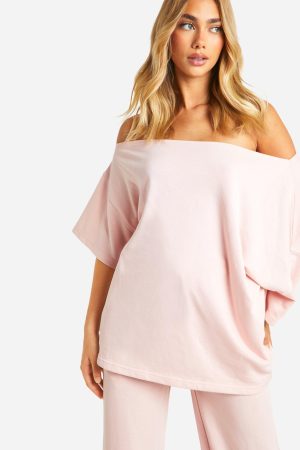 Loopback Asymmetric Bardot Short Sleeve Sweatshirt And Jogger Set