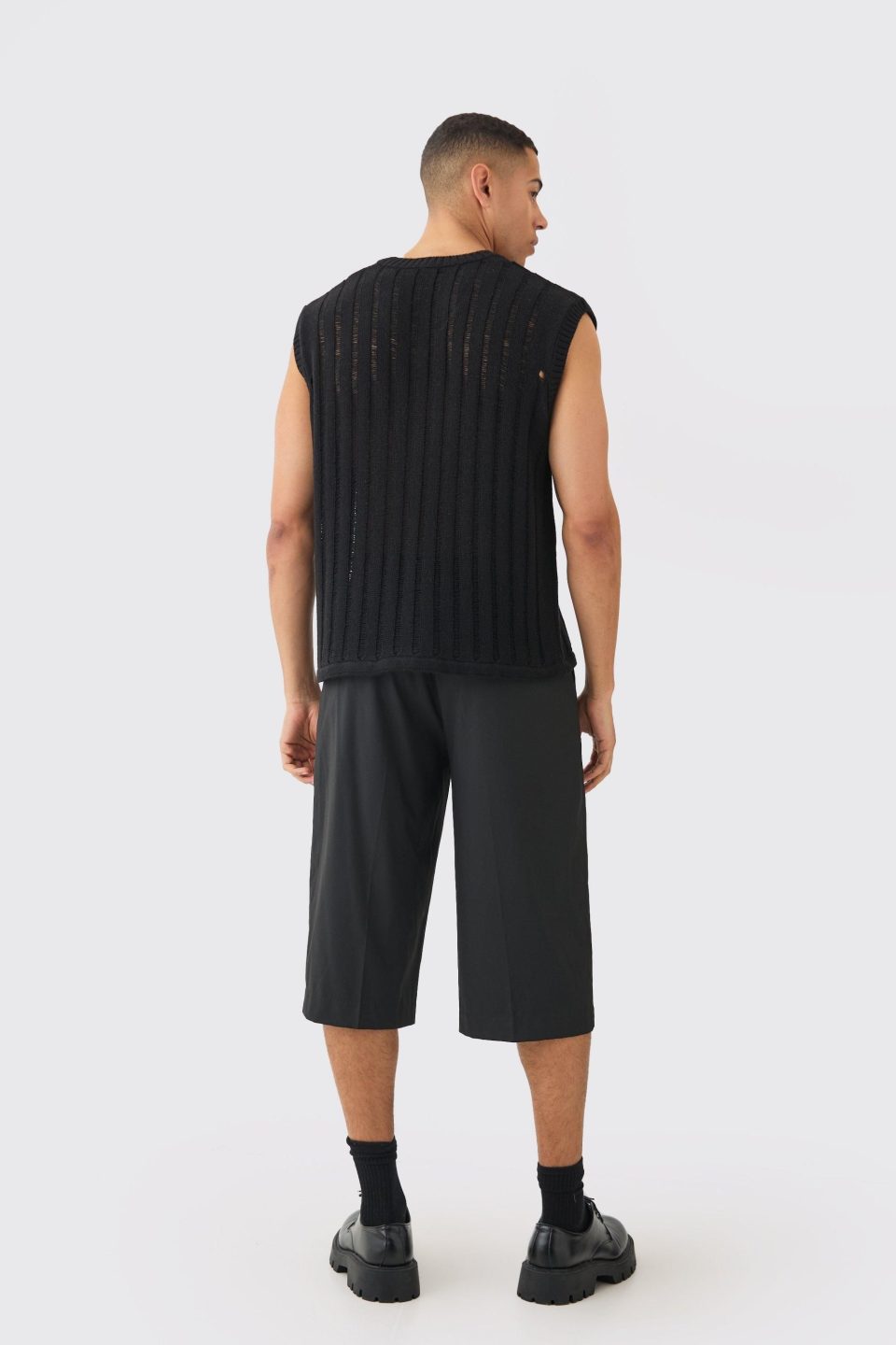 Regular Fit Open Stitch Vest In Black