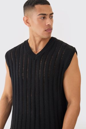 Regular Fit Open Stitch Vest In Black