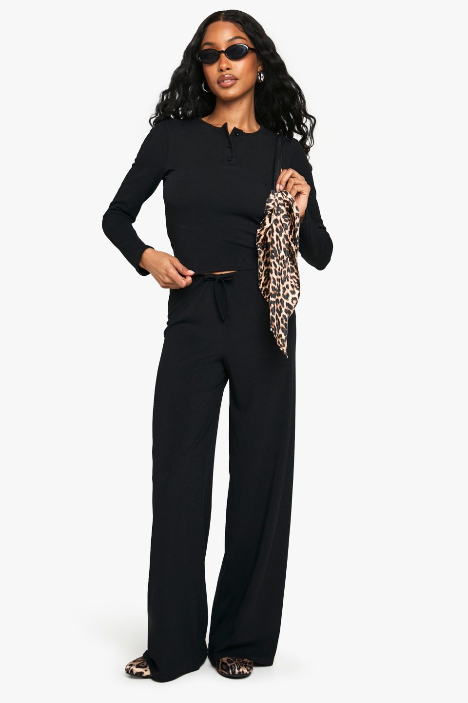 Rib Button Up Long Sleeve Crop Top And Drawstring Trouser Set