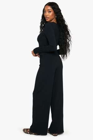 Rib Button Up Long Sleeve Crop Top And Drawstring Trouser Set
