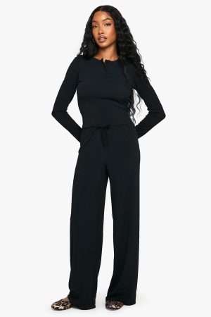 Rib Button Up Long Sleeve Crop Top And Drawstring Trouser Set