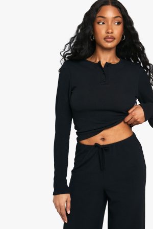 Rib Button Up Long Sleeve Crop Top And Drawstring Trouser Set