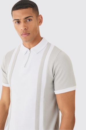 Slim Panelled Zip Neck Interlock Polo