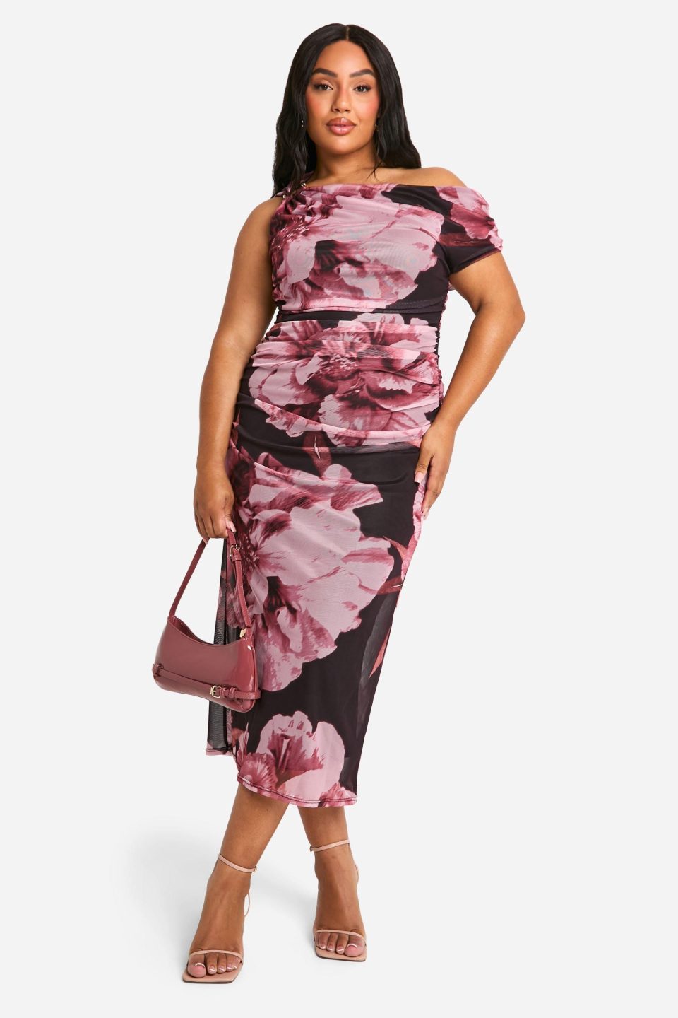 Plus Floral Print Trim One Shoulder Mesh Midi Dress
