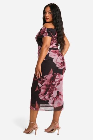 Plus Floral Print Trim One Shoulder Mesh Midi Dress