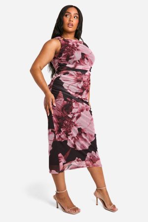 Plus Floral Print Trim One Shoulder Mesh Midi Dress