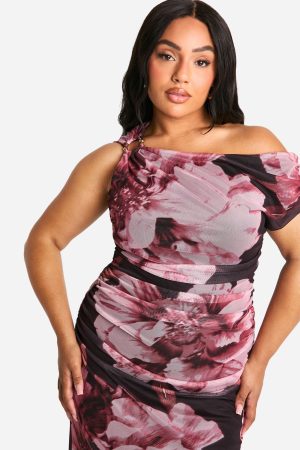 Plus Floral Print Trim One Shoulder Mesh Midi Dress
