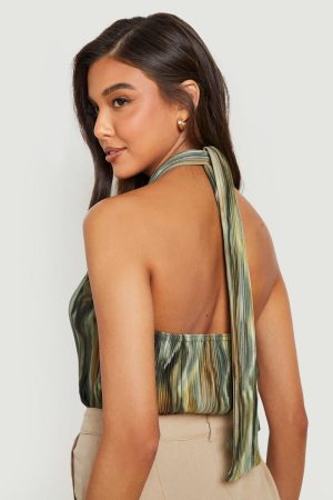 Marble Printed Plisse Halterneck Bodysuit
