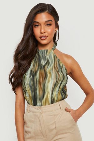 Marble Printed Plisse Halterneck Bodysuit