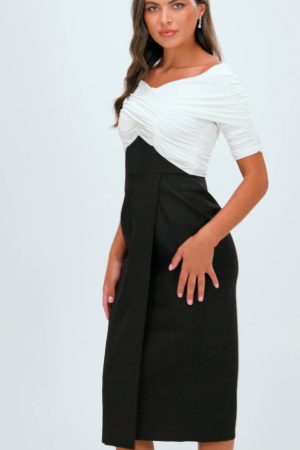 Stretch Crepe Cross Over Neck Pencil Dress