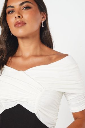 Stretch Crepe Cross Over Neck Pencil Dress
