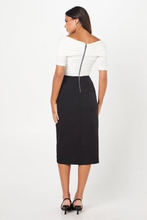 Stretch Crepe Cross Over Neck Pencil Dress