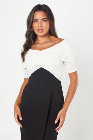 Stretch Crepe Cross Over Neck Pencil Dress