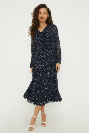 Petite Navy Spot Chiffon Ruffle Midaxi Dress