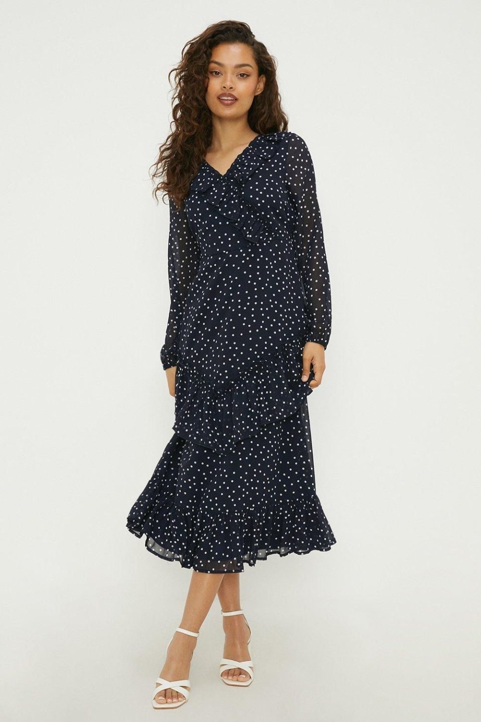 Petite Navy Spot Chiffon Ruffle Midaxi Dress
