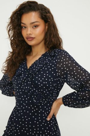 Petite Navy Spot Chiffon Ruffle Midaxi Dress