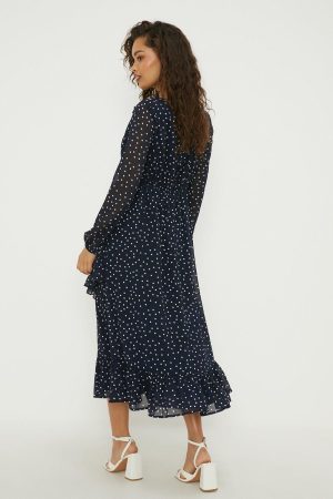 Petite Navy Spot Chiffon Ruffle Midaxi Dress