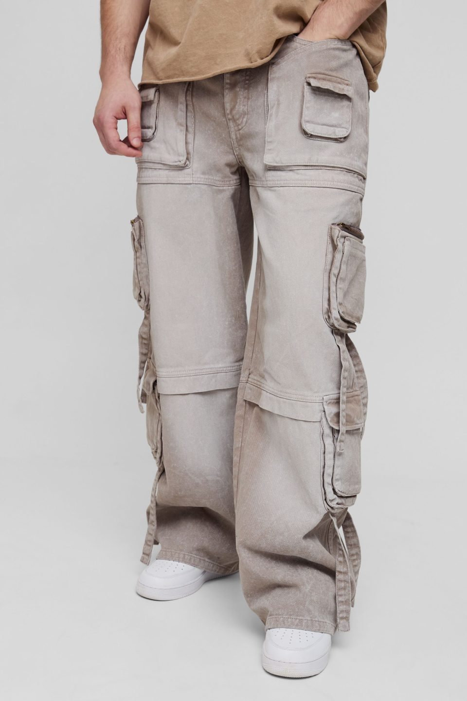 Tall Baggy Rigid Multi Pocket Strap Detail Cargo Jeans