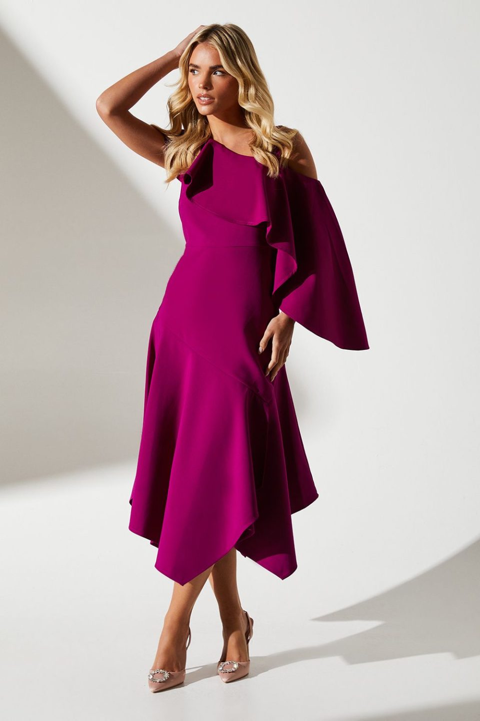 Petite One Shoulder Ruffle Crepe Midi Wedding Guest Dress