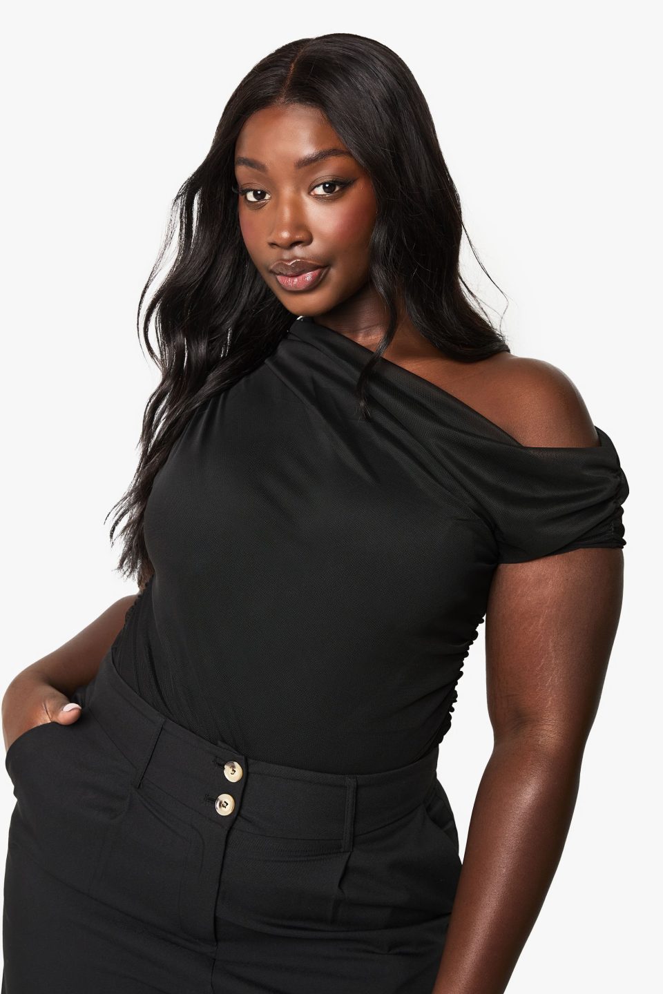 PLUS MESH OVERLAY RUCHED BODYSUIT