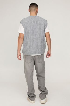 Oversized V Neck Cable Knitted Vest