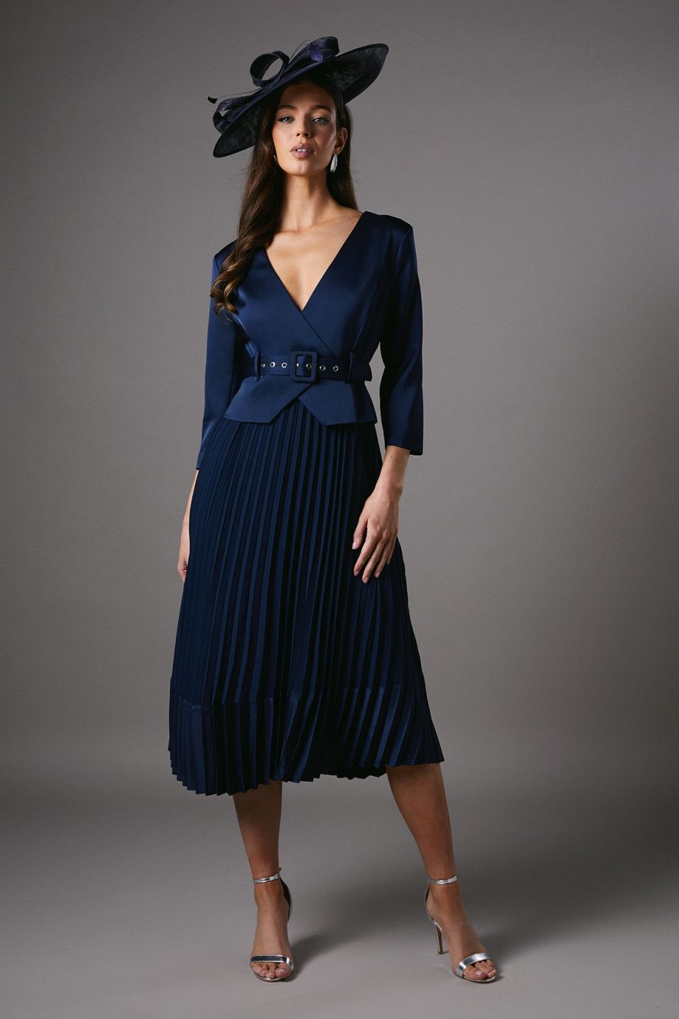 Satin Bodice ¾ Sleeve Pleat Skirt Belted Midi Wedding Guest Dress