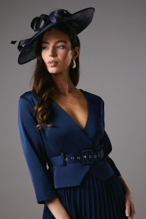 Satin Bodice ¾ Sleeve Pleat Skirt Belted Midi Wedding Guest Dress