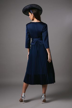 Satin Bodice ¾ Sleeve Pleat Skirt Belted Midi Wedding Guest Dress