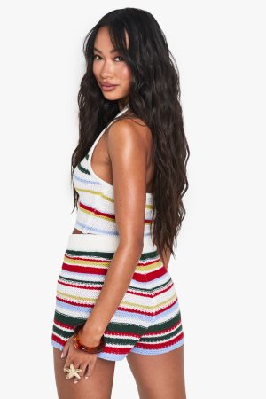 Crochet Stripe Halterneck Top and Short Set