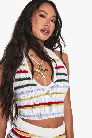 Crochet Stripe Halterneck Top and Short Set