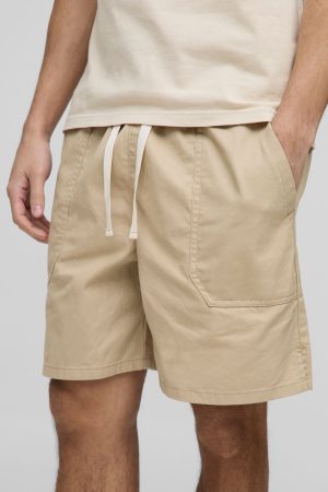Elasticated Baggy Twill Split Hem Shorts