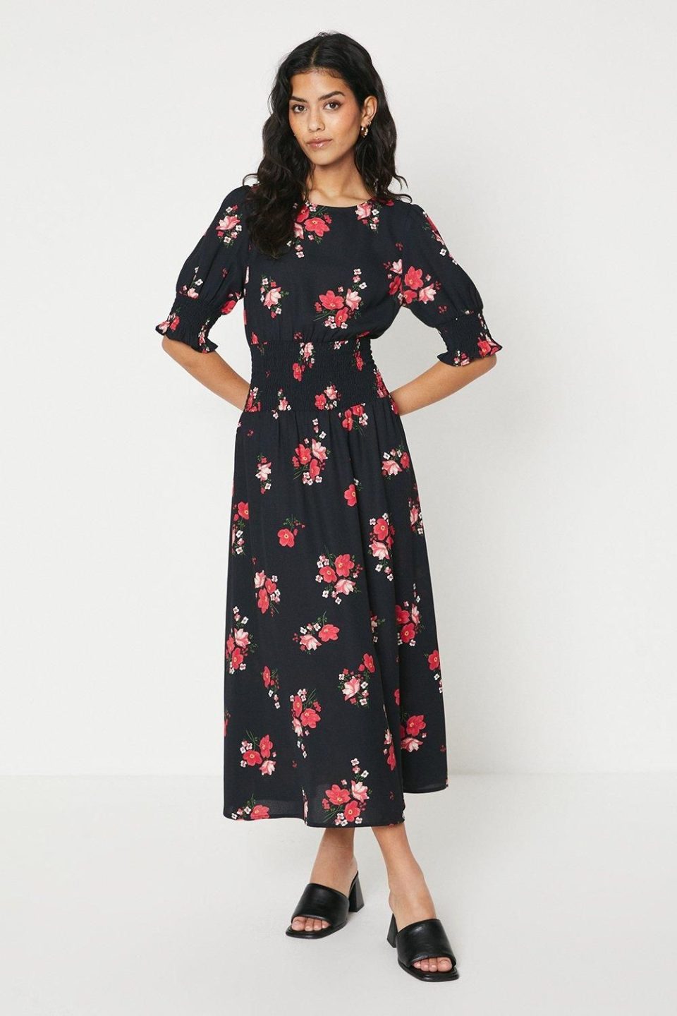 Petite Floral Shirred Waist Midi Dress