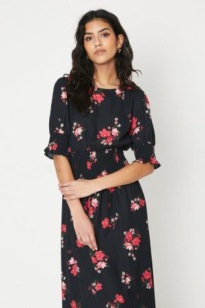 Petite Floral Shirred Waist Midi Dress
